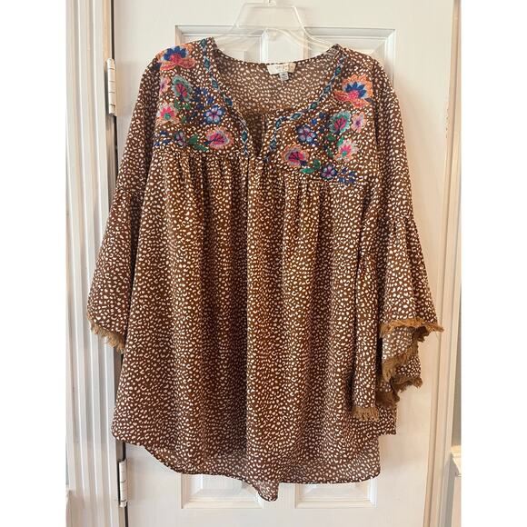 Umgee Embroidered Blouse Top Women 1XL Mixed Print Boho Western Cowgirl Colorful - Picture 1 of 10